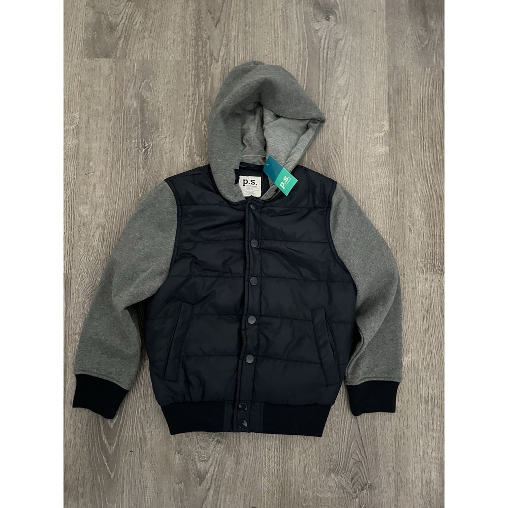 p.s. Boys Bomber Jacket Hooded Quilted Puffer Navy Gray Coat Sweater Sleeves - Picture 3 of 4